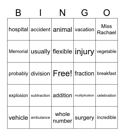 Multi-syllable Words Bingo Card
