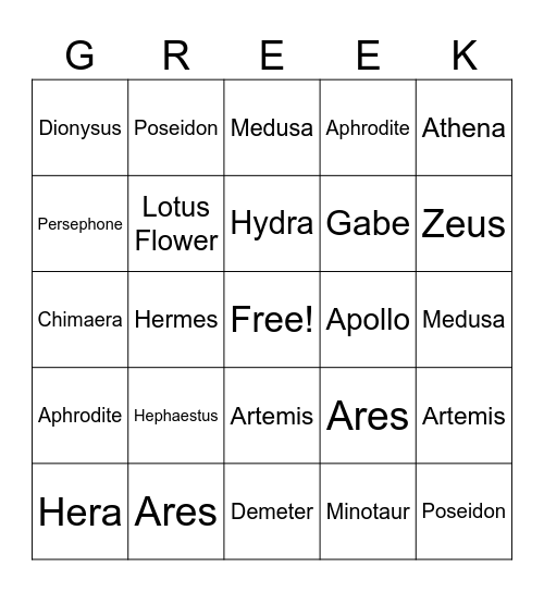 Percy Jackson and the Lightening Thief Bingo Card