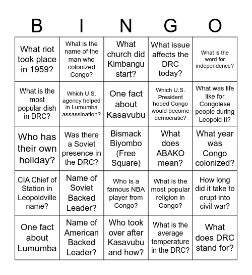 Congo Decolonization Bingo Card