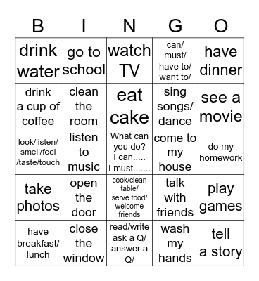 can/can't ------- must/ must not Bingo Card