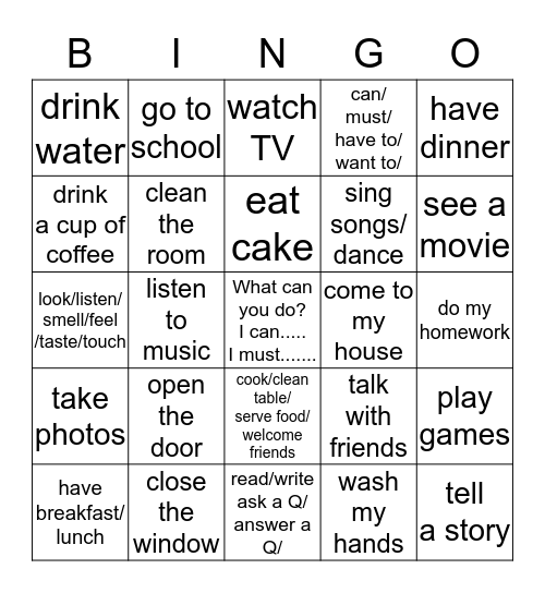 can/can't ------- must/ must not Bingo Card
