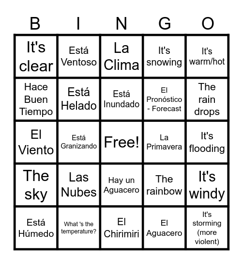 Spanish season vocab Bingo Card