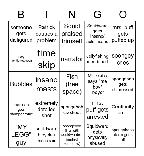 Spongey Bingo Card
