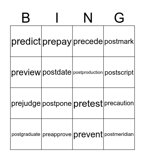 Pre- and -Post Bingo Card
