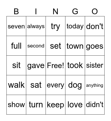 Sight Words Bingo Card