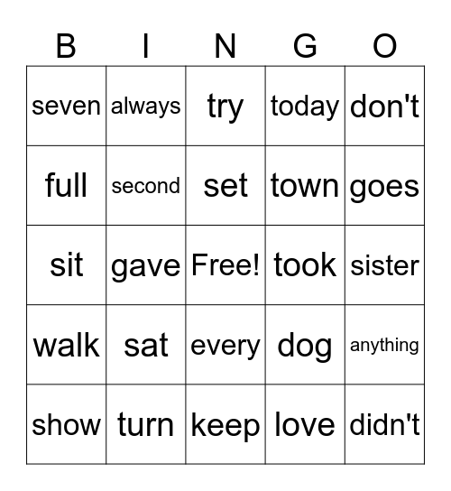 Sight Words Bingo Card