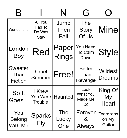Taylor Swift EPIC BINGO Round 1 Bingo Card