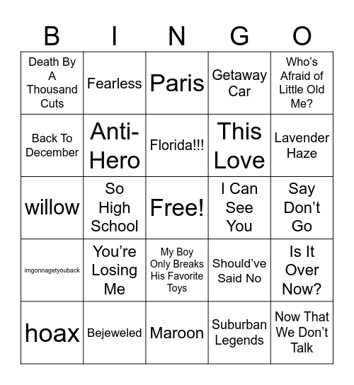 Taylor Swift EPIC BINGO Round 2 Bingo Card