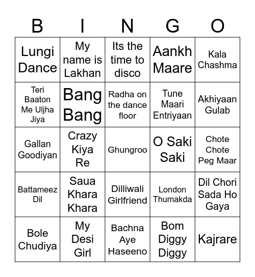 Bollywood Bingo Card