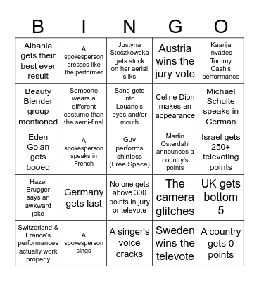 Eurovision 2025 Grand Final Bingo Card