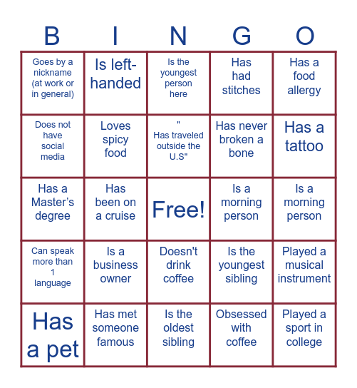 FIND THE CO-WORKER BINGO ! Bingo Card