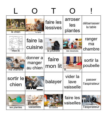 Je fais les corvées ( I do Chores) Bingo Card