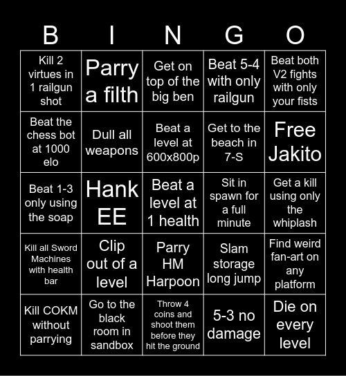 Ultrakill Bingo Card