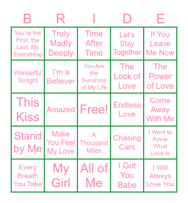 Bridal Bingo - Love Songs Bingo Card