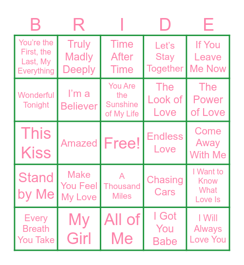 Bridal Bingo - Love Songs Bingo Card