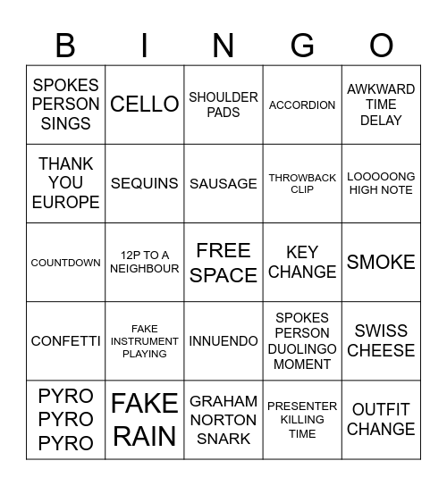 Eurovision Bingo! Bingo Card