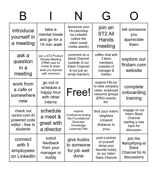 Summer Internship Bingo Card