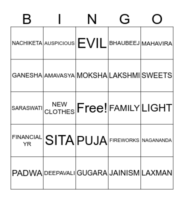 DIWALI  20FEASTEEN Bingo Card