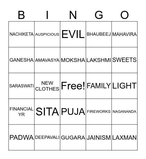 DIWALI  20FEASTEEN Bingo Card