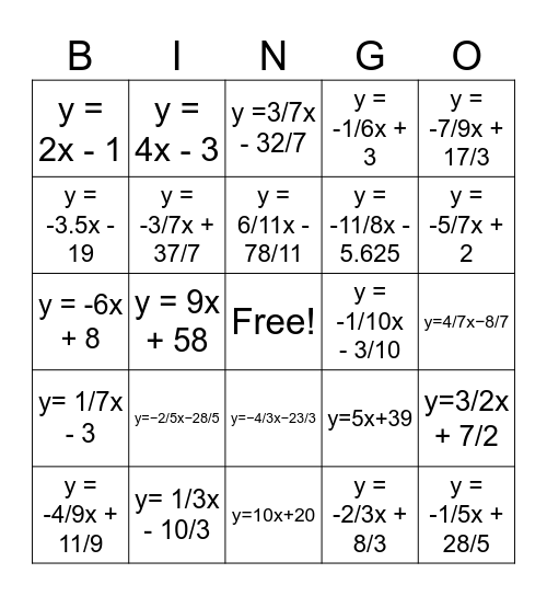 Parallel/Perpendicular Equations Bingo Card