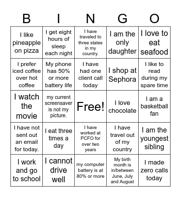 Get to know you Bingo Card