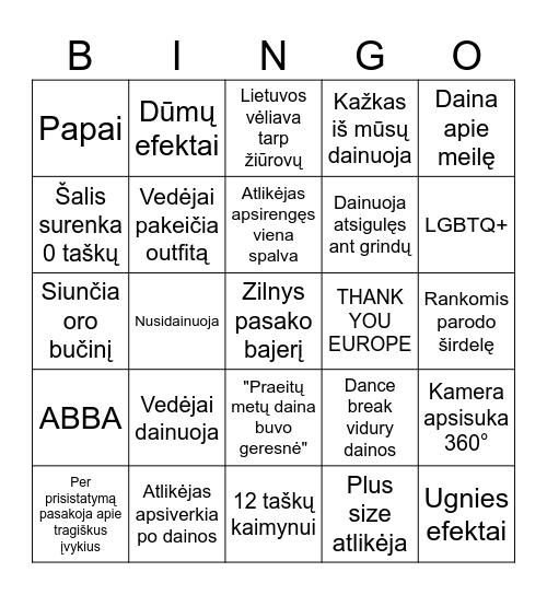EUROVIZIJA 2025 Bingo Card