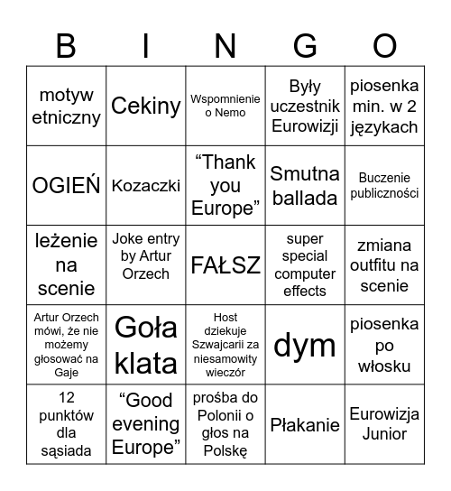 EUROWIZJA Bingo Card