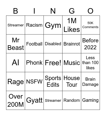 Youtube Shorts Bingo Card