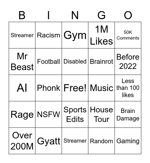 Youtube Shorts Bingo Card