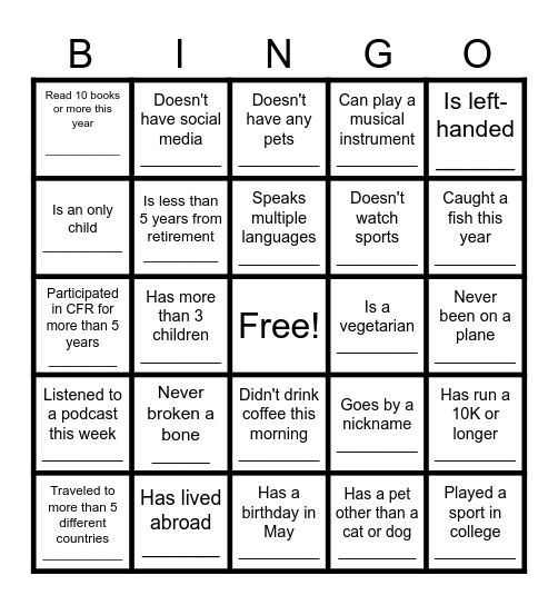 Icebreaker Bingo Card
