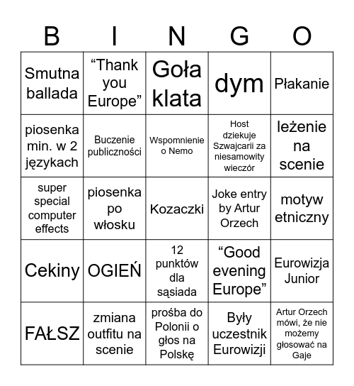 EUROWIZJA Bingo Card