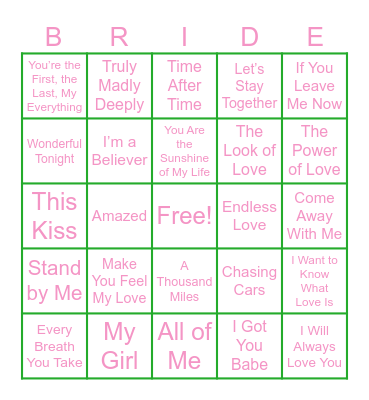 Bridal Shower Bingo - Love Songs Bingo Card
