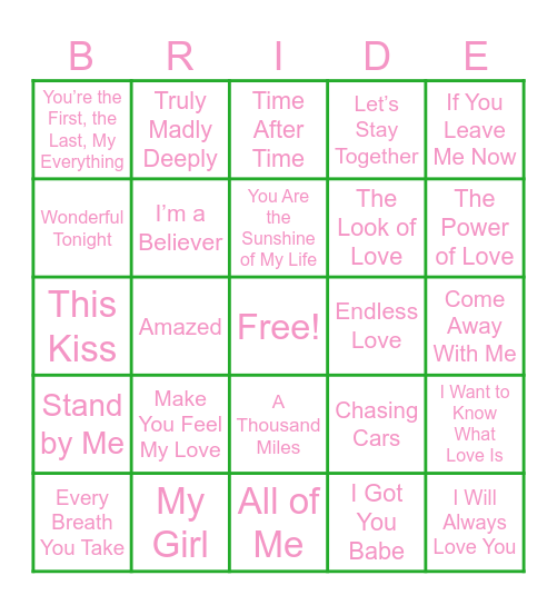 Bridal Shower Bingo - Love Songs Bingo Card