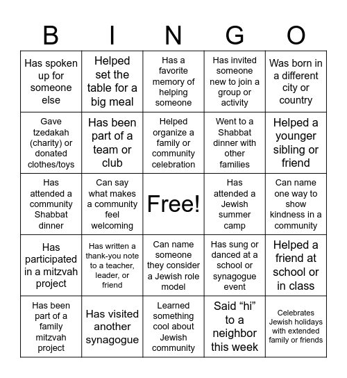 Family Shabbat Human Bingo Card