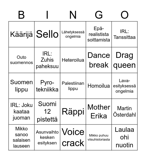 Euroviisu25 Bingo Card