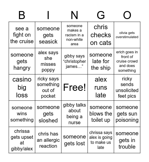 cruise bingo Card