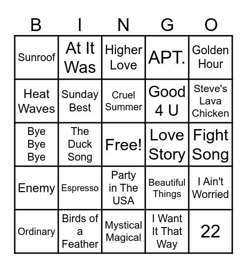 Song Bingo! Bingo Card