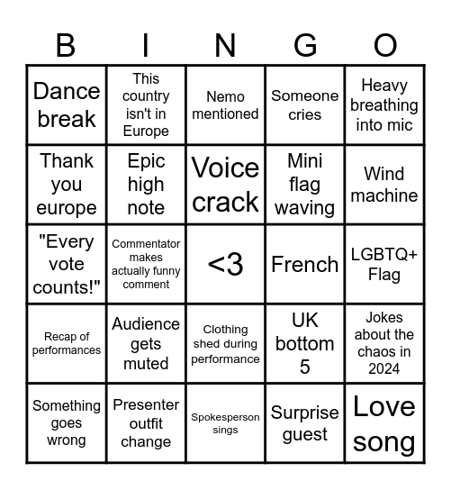 Eurovision Bingo Card