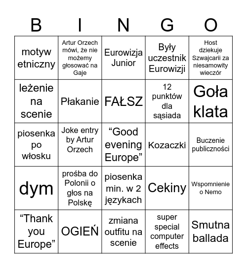 EUROWIZJA Bingo Card