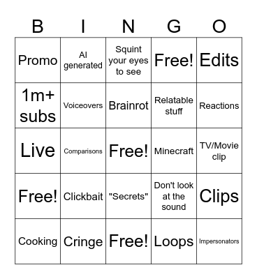 Youtube Shorts Bingo Card