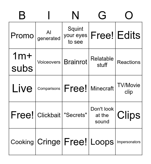 Youtube Shorts Bingo Card