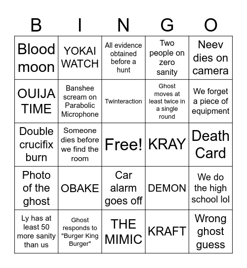 Phasmophobia Bingo Card