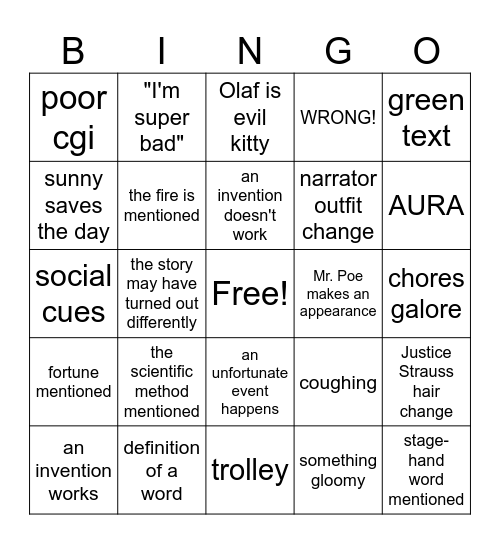 A series of unfortunate events Bingo Card