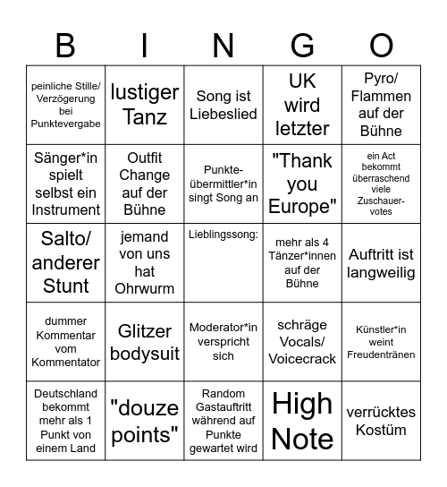Eurovision 2025 Bingo Card