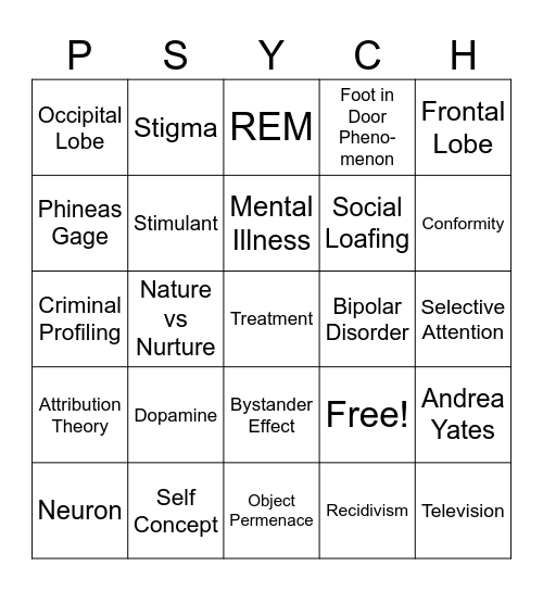PSYCHOLOGY BINGO Card