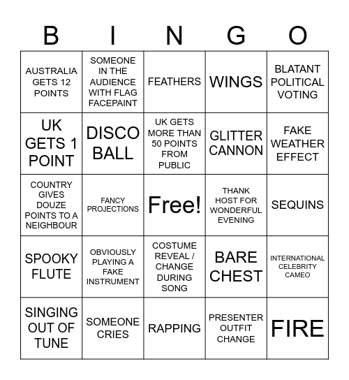 Eurovision Bingo 2025 Bingo Card