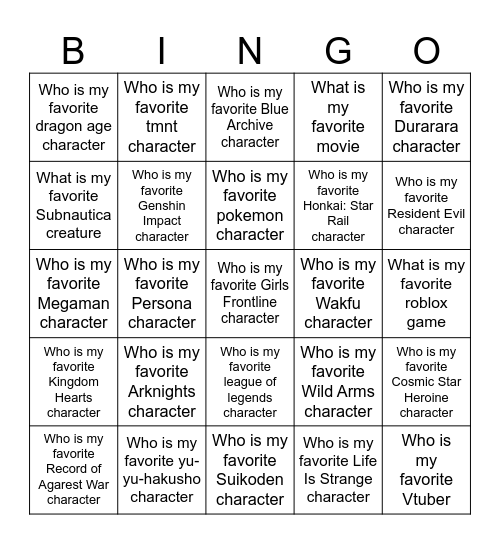 Favorite Character Bingo Card