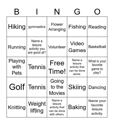 Leisure Bingo Card