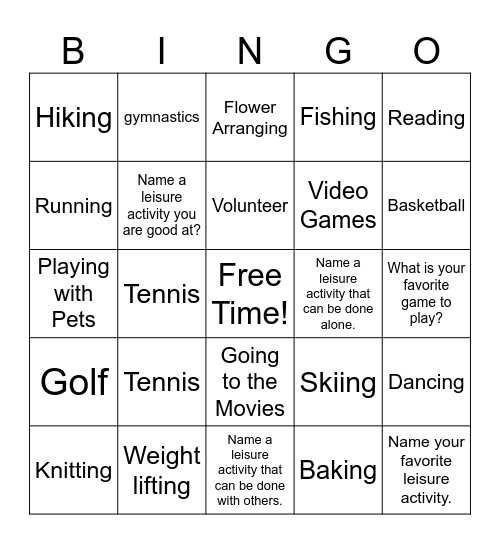 Leisure Bingo Card