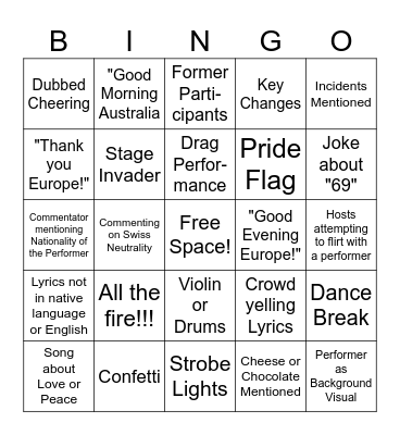 Eurovision Grand Final Bingo Card